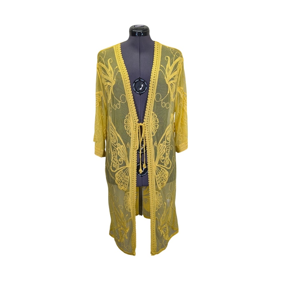 Ucho Bali Butterfly Embroidered Beach Cover Up One Size Yellow Sheer Tie